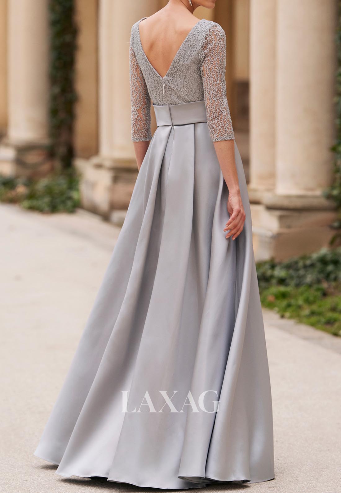 فستان أم العروس بأكمام نصفية ورقبة دائرية على شكل حرف A، من الدانتيل والساتان، فساتين كوكتيل بطول الأرض مع شق