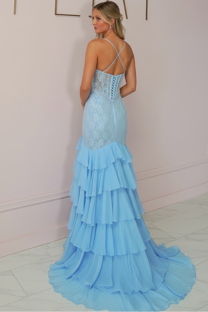 Sweetheart Spaghetti Straps Sequined Lace&Chiffon Pleated Ruffled Tiered A-Line Prom Dress