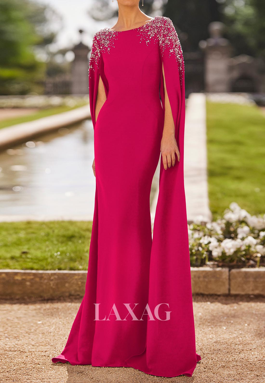 Scoop-Neck Long-Sleeves Beaded Satin Mermaid Mother of the Bride Dress with Sweep Train