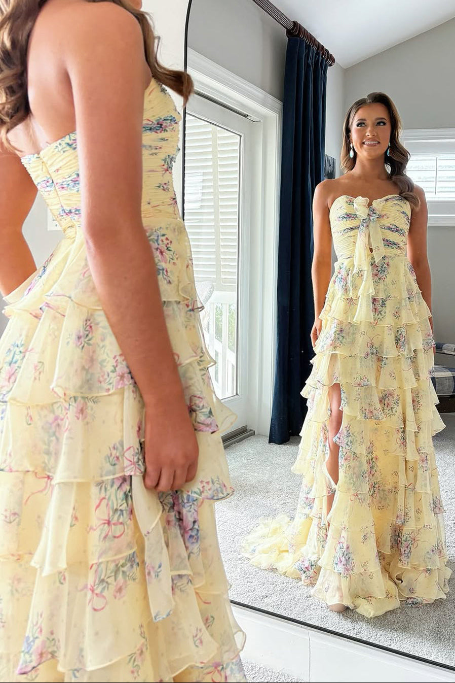 Off-Shoulder Sweetheart Sleeveless Print-Chiffon Ruffled Tiered Slit A-Line Prom Dress
