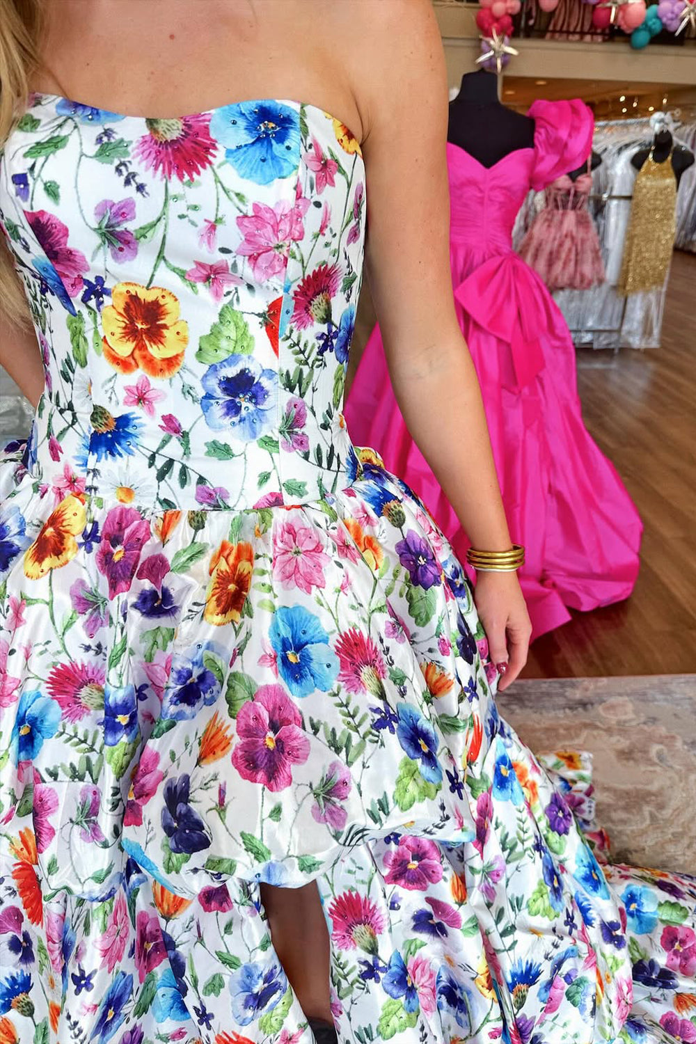 Tube Top Sleeveless Print-Satin Pleated High Slit Tiered A-Line Prom Dress with Train