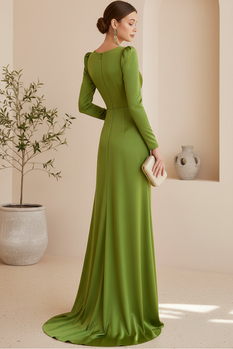 V-Neck Long-Sleeves Floor-Length Satin Pleated Mermaid Mother of the Bride Dress