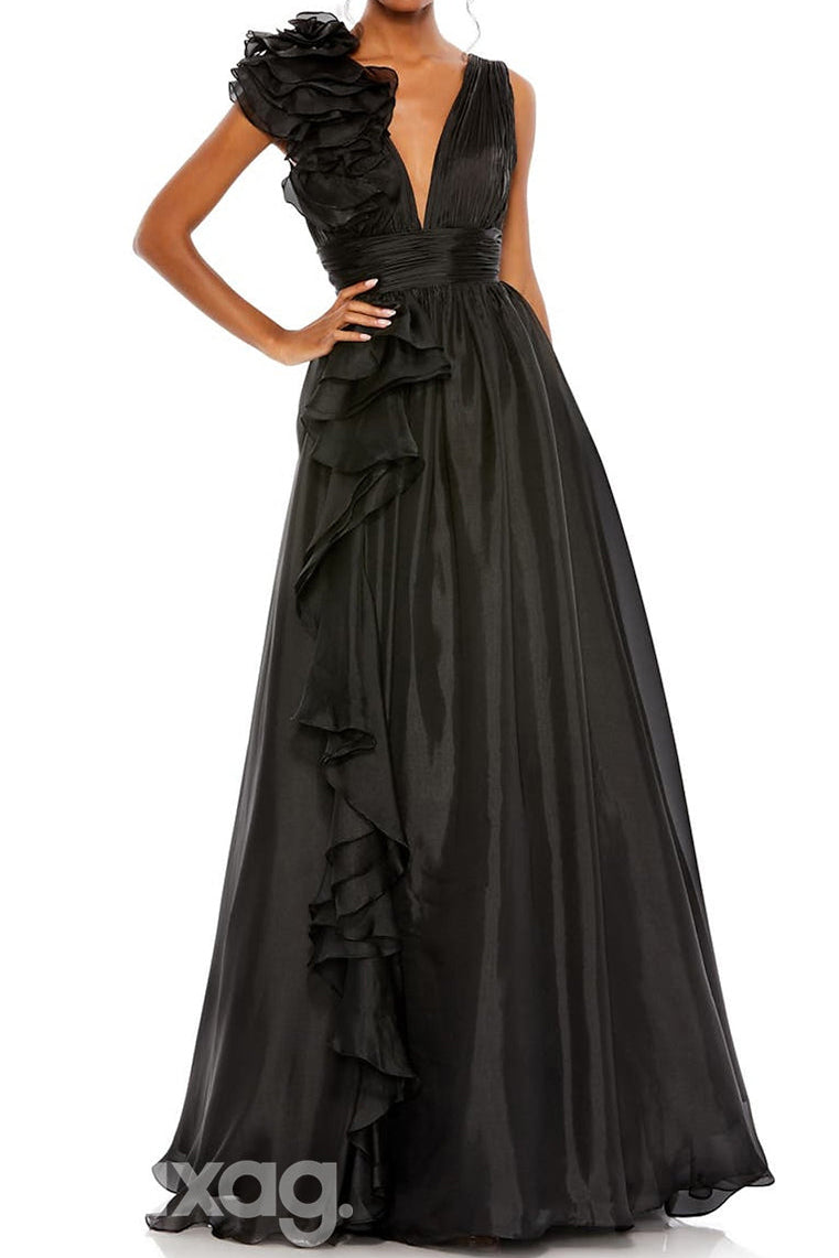 Deep V-Neck Sleeveless 3D-Floral Tulle Pleated A-Line Mother of the Bride Dress with Slit