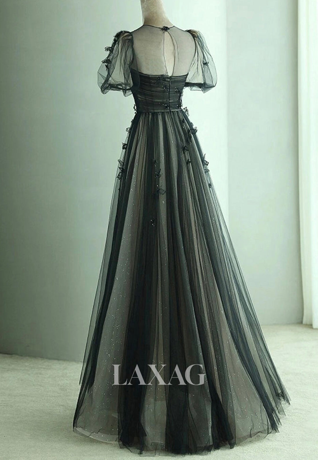 A-Line Applique Beaded Pleated Tulle Party Dress Tube Top Short-Sleeves Sweep Train Prom Dress