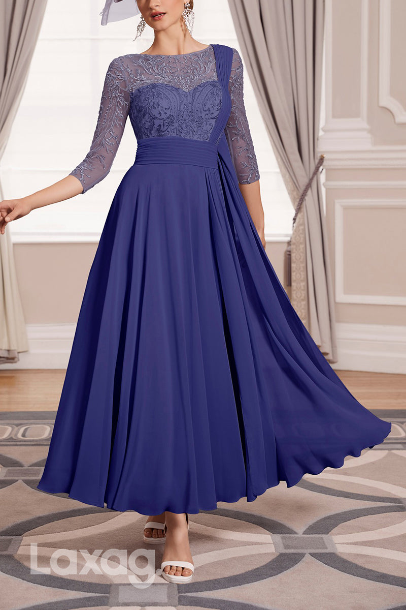 22933 - A-Line Bateau Round Sleeves Appliques Beaded Mother of the Bride Dress
