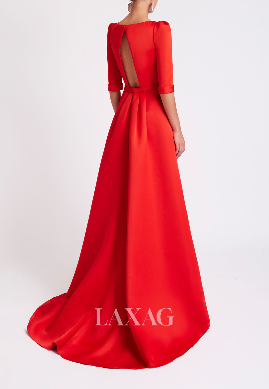 23105 - فستان سهرة رسمي أنيق من الساتان بفتحة ظهر مفتوحة وأكمام نصفية على شكل حرف A