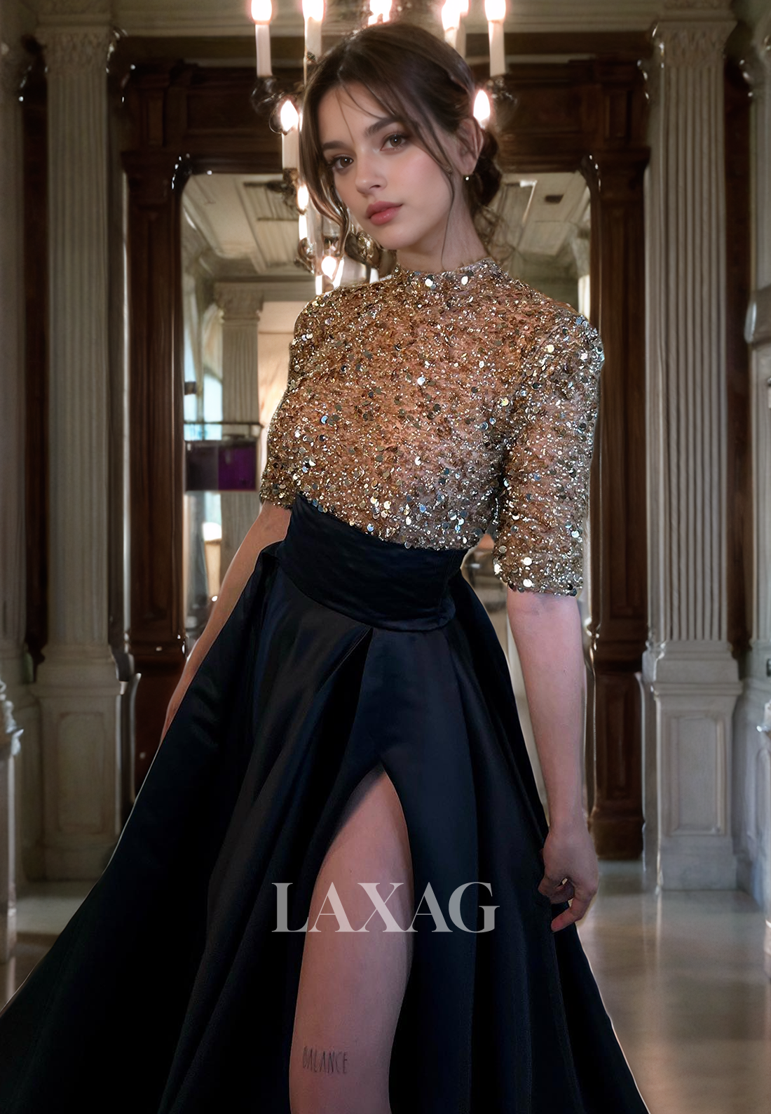 14753 - High Neck Sequins Top Long Prom Gown With Slit