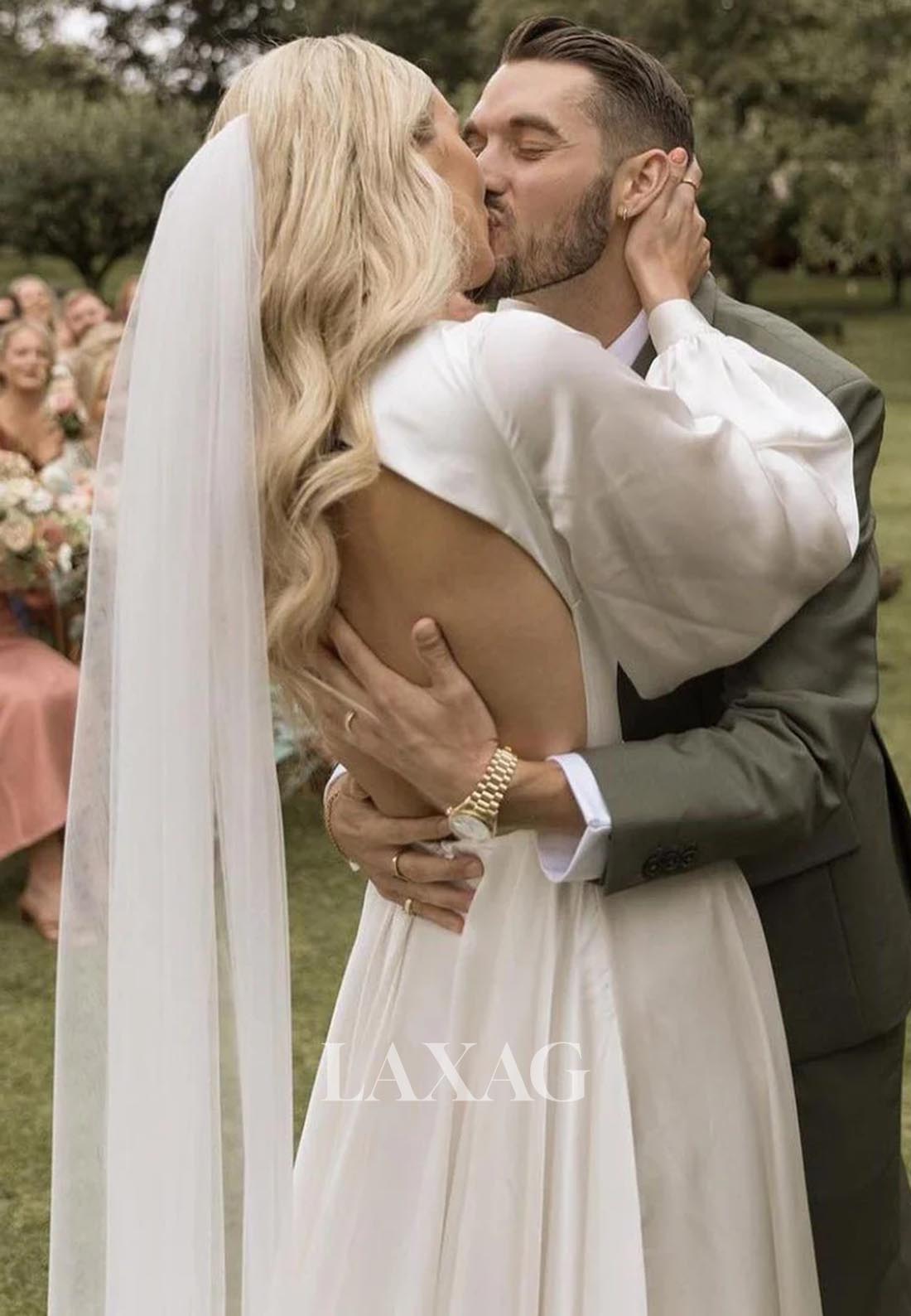 Deep V-Neck Long-Sleeves A-Line Wedding Dress Pleated Satin Bride Gowns with Sweep Train