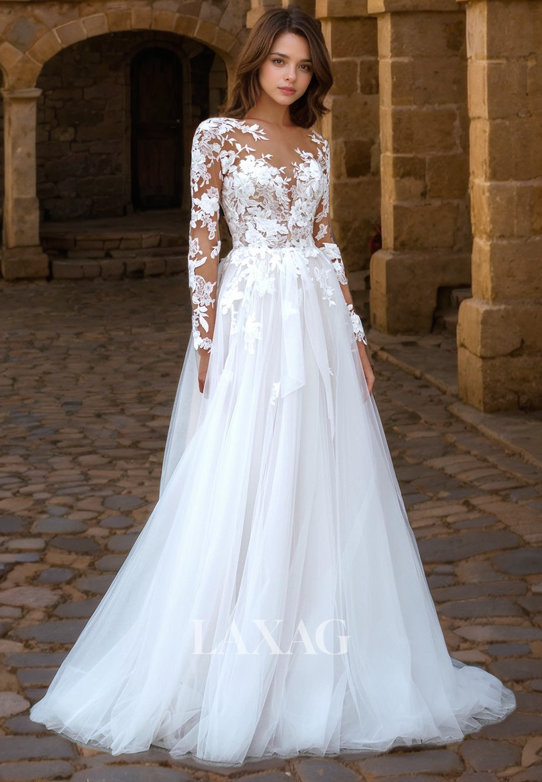 A-Line Long Sleeves Tulle Lace Elegant Wedding Dress with Train Laxag A-Line Long Sleeves Tulle Lace Elegant Wedding Dress with Train Laxag