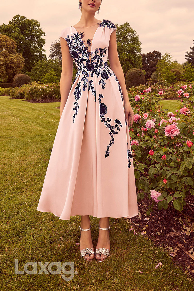 22836 - A-Line Low V-Neck Cap Sleeves Appliques Tulle Mother of the Bride Dress