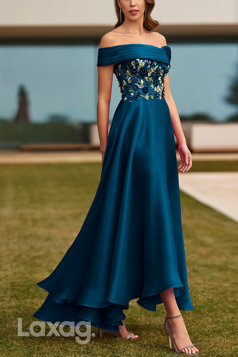 23043 - فستان سهرة رسمي أنيق من الساتان بتصميم A وكتف مكشوف مزين بالخرز لحفلات الكوكتيل