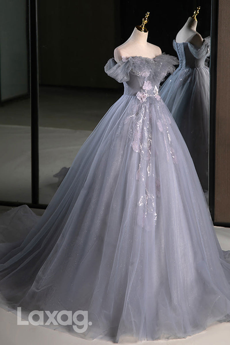 22459 - فستان سهرة رسمي لامع من التول بتصميم A وكتف مكشوف، مناسب للحفلات الراقصة