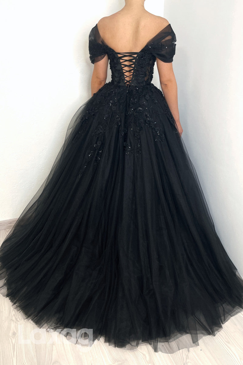 22225 - A-Line Off Shoulder Beaded Appliques Tulle Party Prom Formal Evening Dress