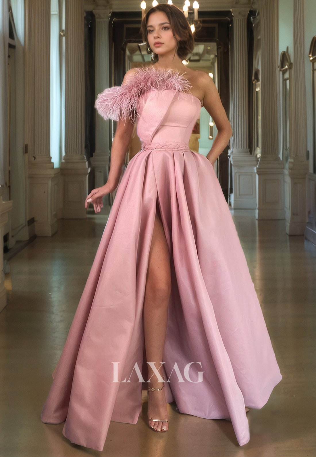 A-Line Off Shoulder Feather Sleek Satin High Slit Party Prom Formal Ev Laxag A-Line Off Shoulder Feather Sleek Satin High Slit Party Prom Formal Ev Laxag