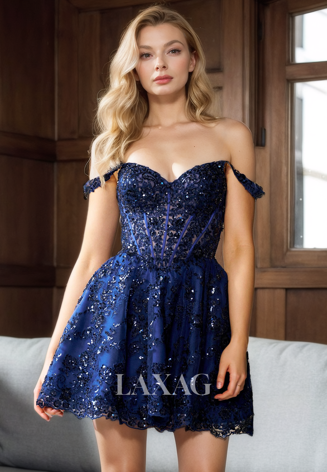 A-Line Off Shoulder Lace Appliques Sequins Party Homecoming Dress Laxag A-Line Off Shoulder Lace Appliques Sequins Party Homecoming Dress Laxag