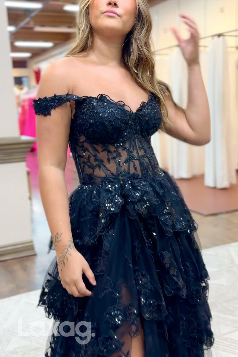 22129 - A-Line Off Shoulder Appliques illusion High Slit Party Prom Formal Evening Dress