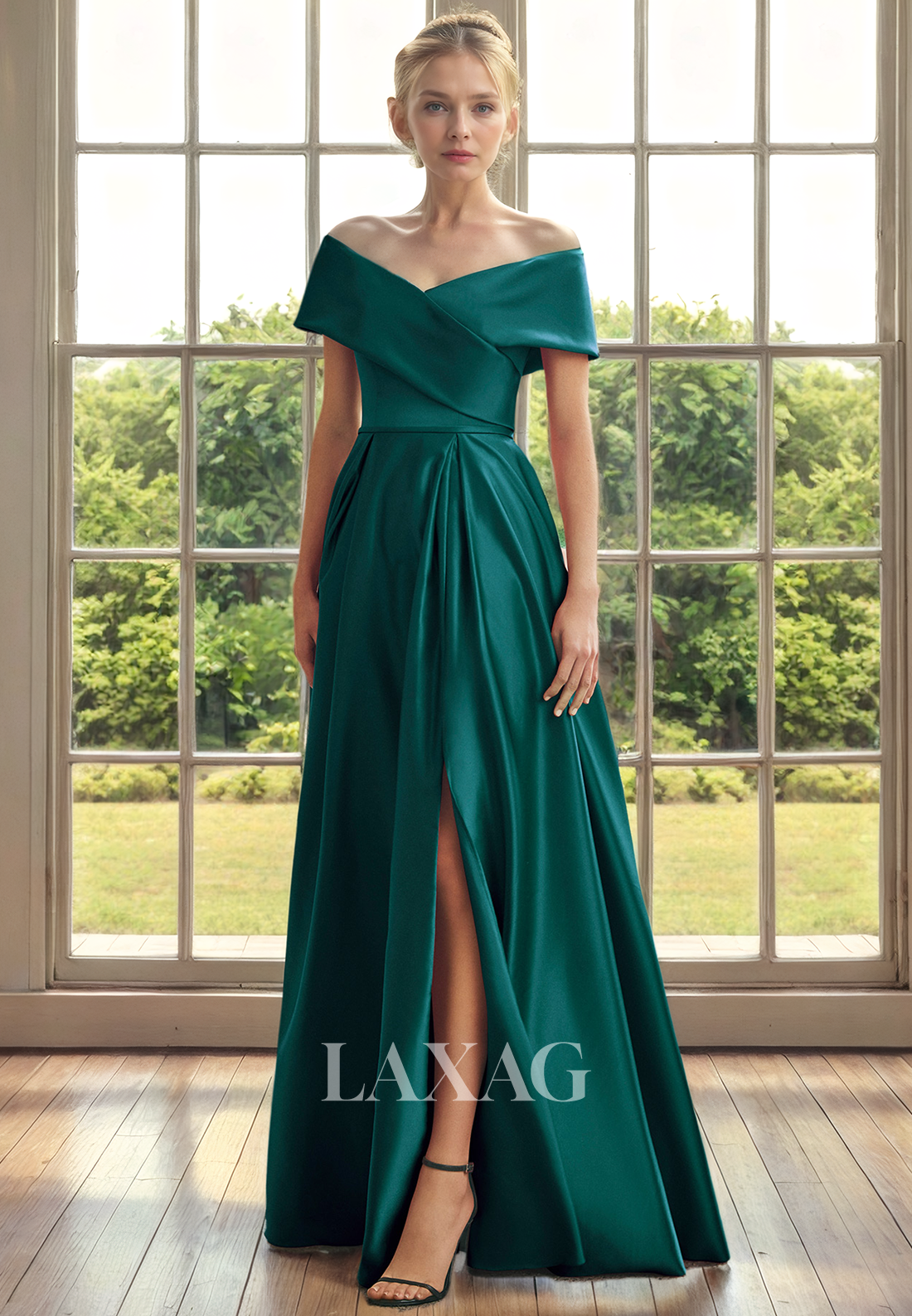 A-Line Off Shoulder Sleek Satin Elegant Mother of the Bride Dress with Slit