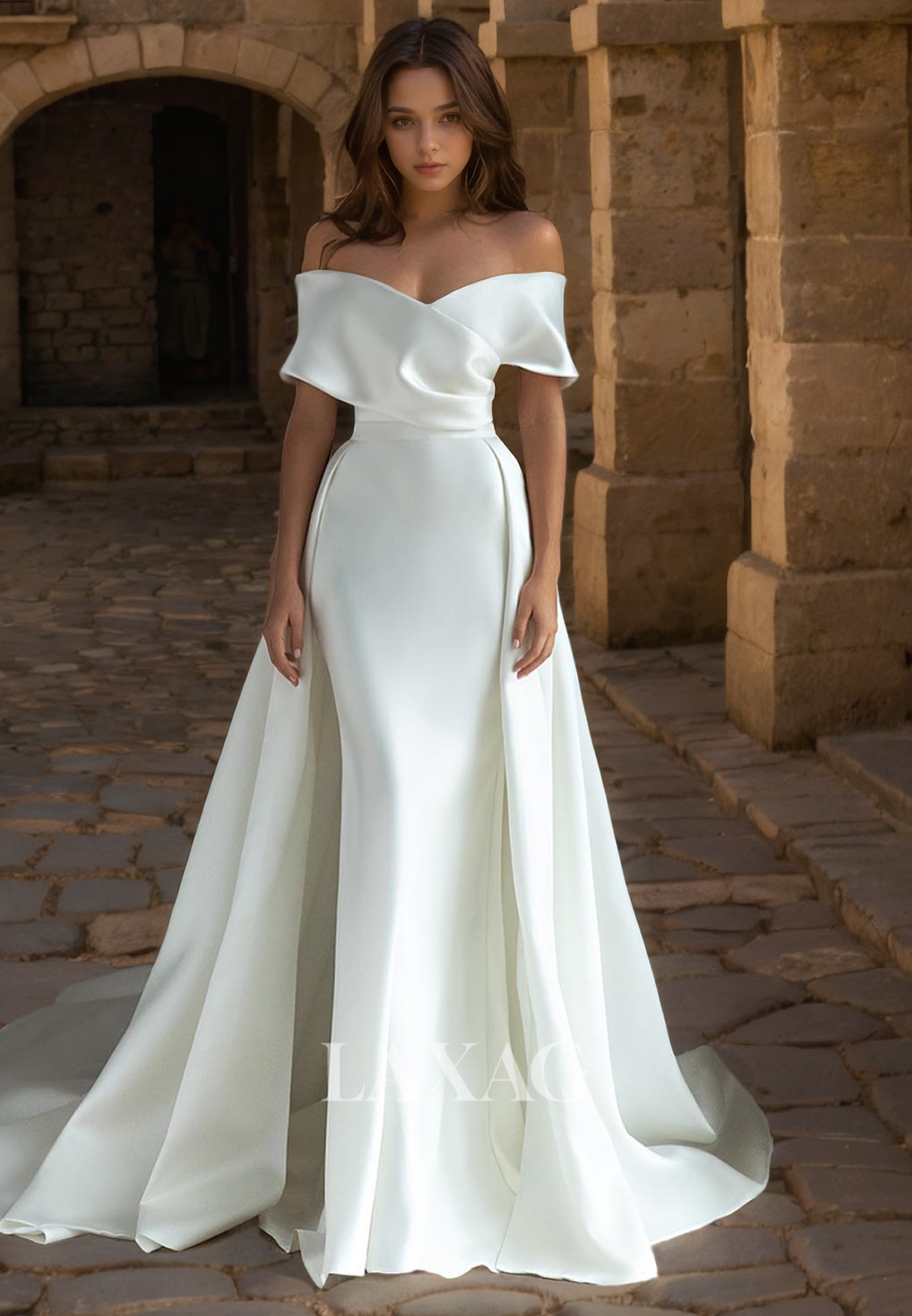 Elegant A-Line Off-Shoulder Sleek Satin Wedding Dress Sweetheart Slit with Train Bride Gowns