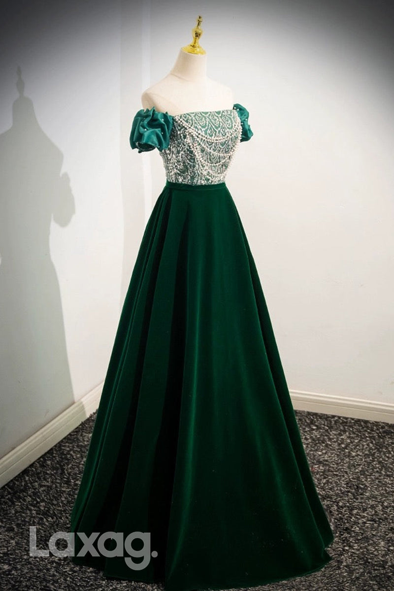 22432 - A-Line Off Shoulder Strapless Pearls Beaded Party Prom Formal Evening Dress