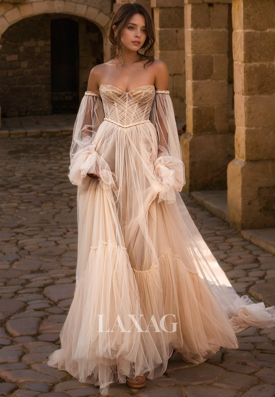 A-Line Off-Shoulder Sweetheart Tulle Beaded Wedding Dress with Train