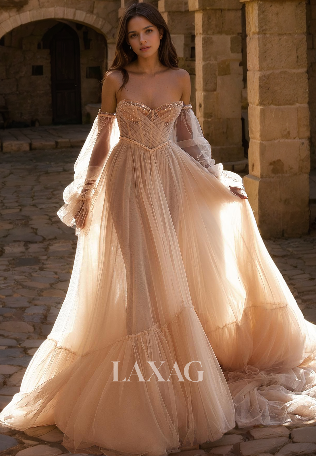A-Line Off-Shoulder Sweetheart Tulle Beaded Wedding Dress with Train Laxag A-Line Off-Shoulder Sweetheart Tulle Beaded Wedding Dress with Train Laxag