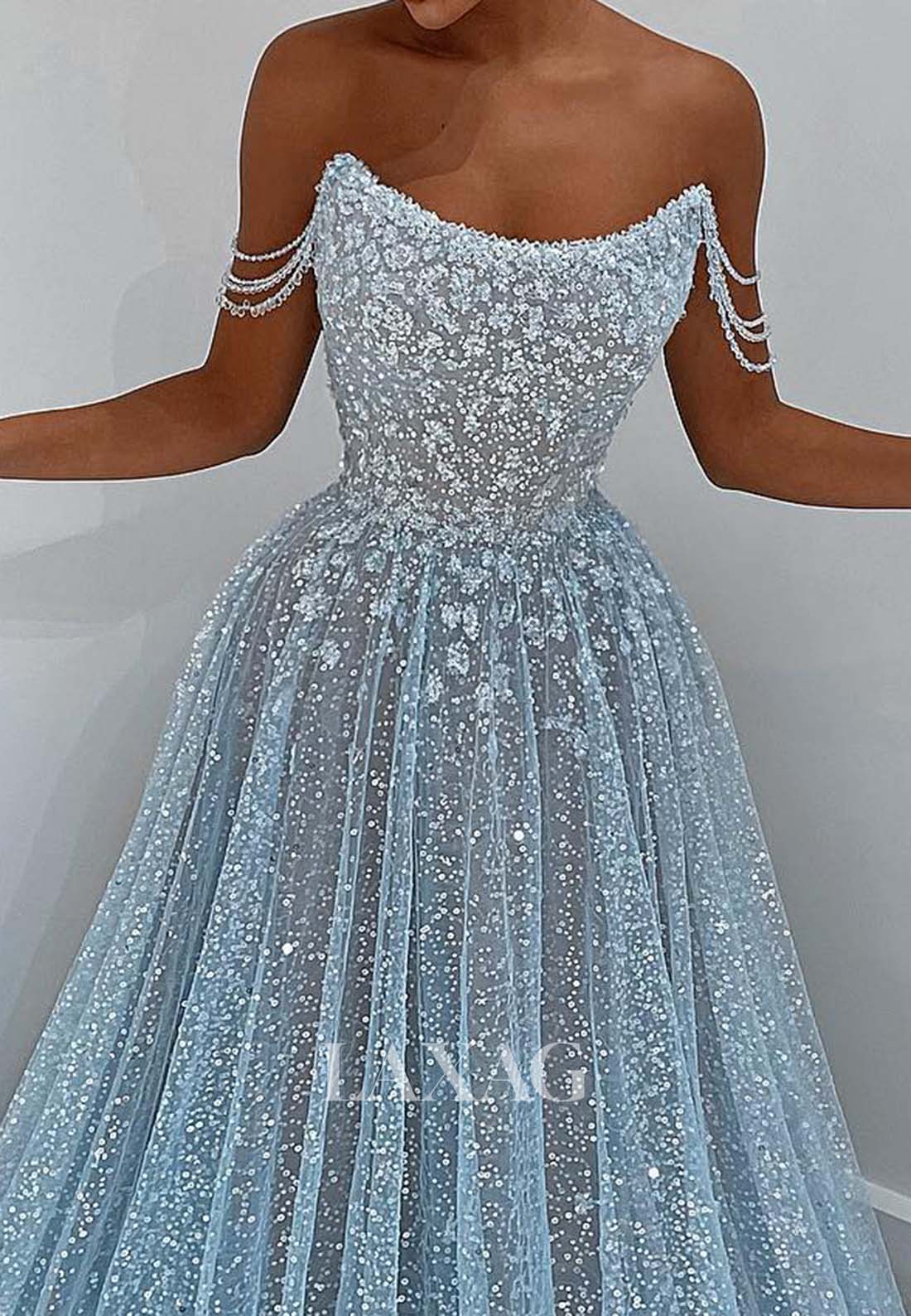 A-Line Off-Shoulder illusion-Beaded Sequins Prom Dress Scoop-Neck Sleeveless Pleated Formal Gowns
