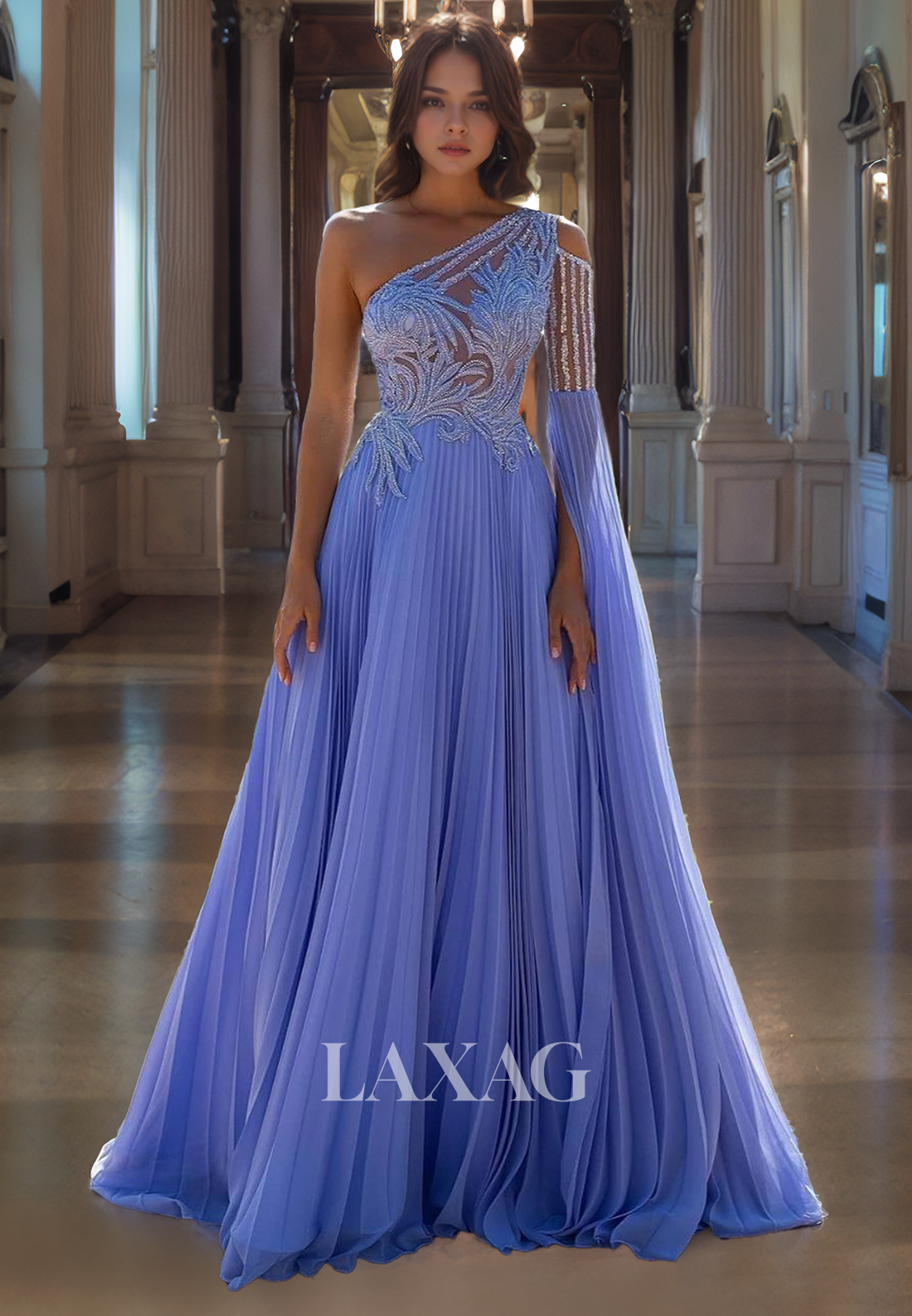 A-Line One Shoulder Beaded Tulle Party Prom Formal Evening Dress with Train A-Line One Shoulder Beaded Tulle Party Prom Formal Evening Dress with Train