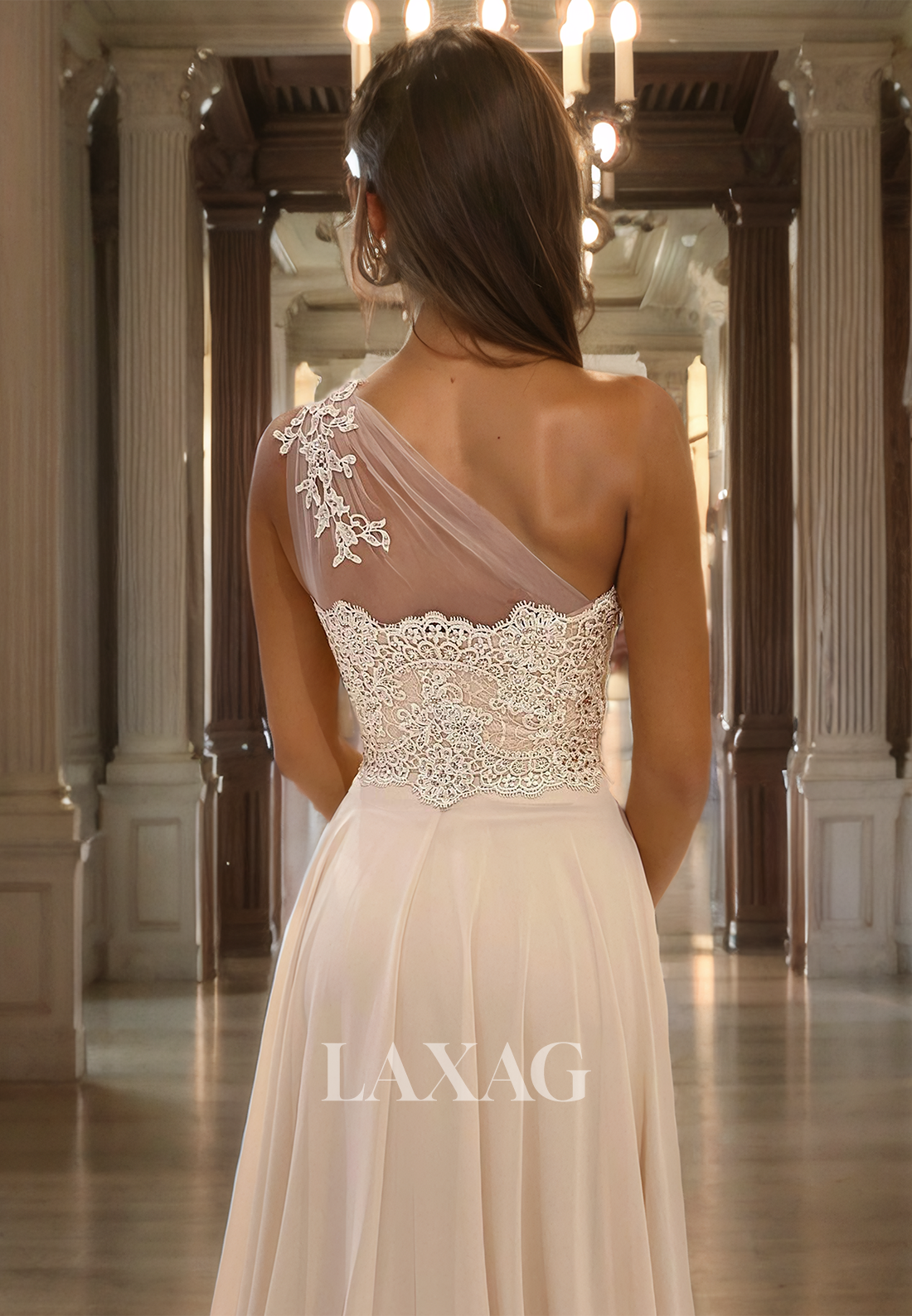 19785 - فستان سهرة رسمي فريد من نوعه بكتف واحد وتطريزات دانتيل على شكل حرف A وفتحة