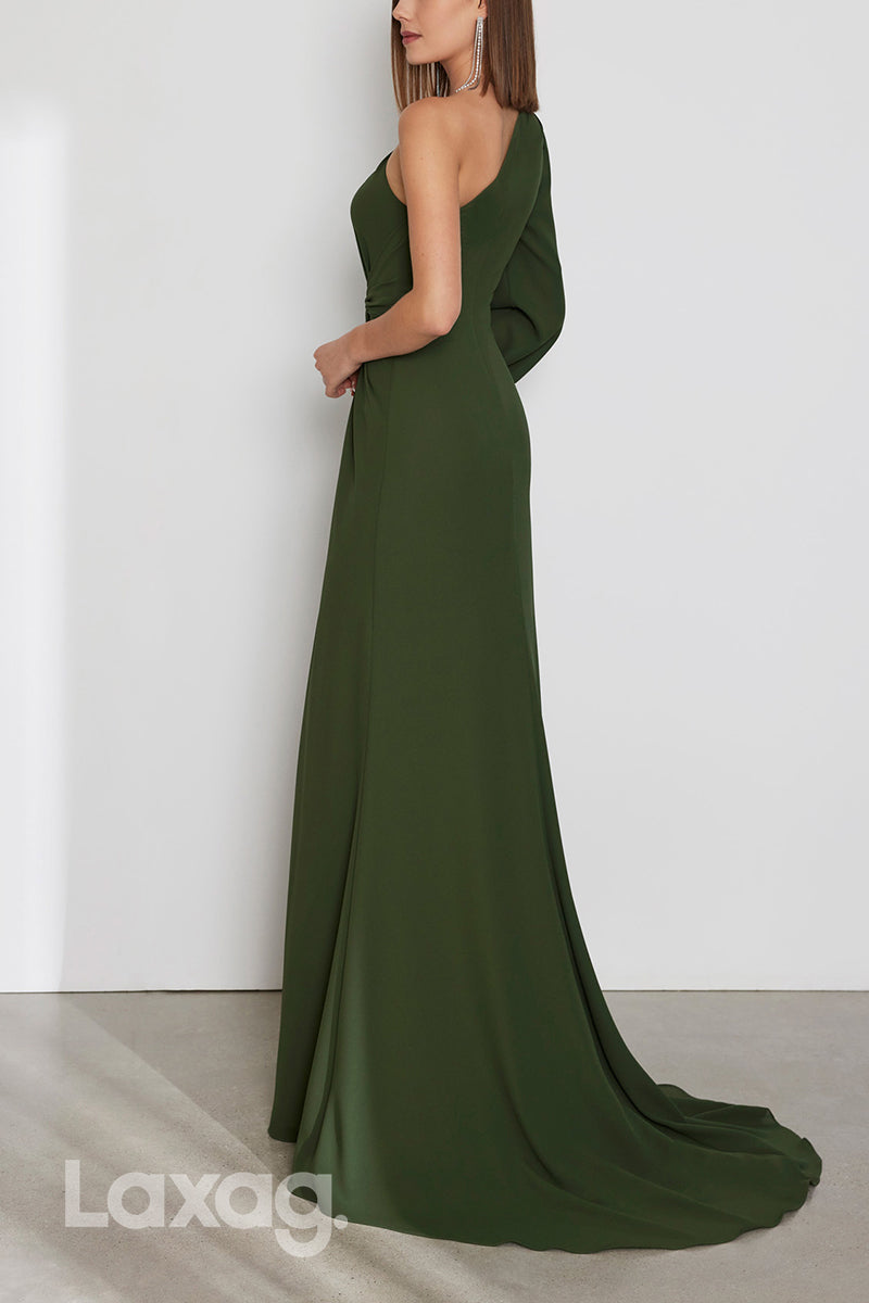 22801 - فستان كوكتيل بأكمام طويلة وكتف واحد وخط A مع فتحة وذيل