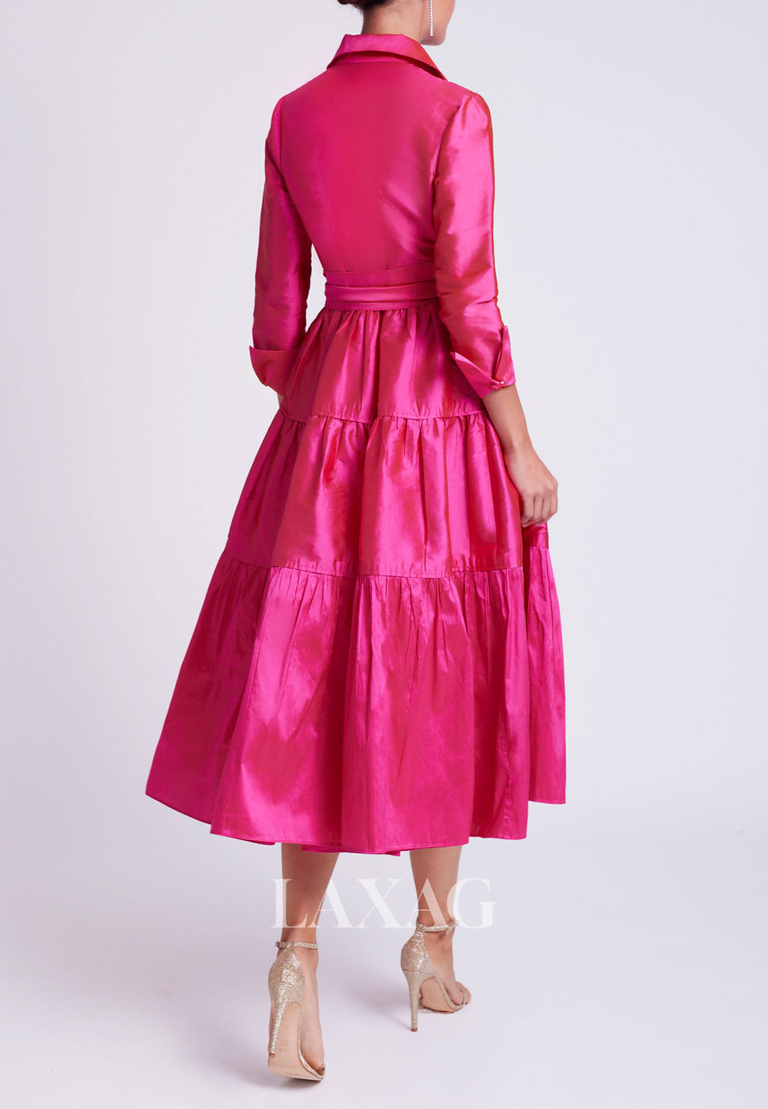 23108 - فستان سهرة رسمي أنيق من الساتان بطول الكاحل وأكمام ربعية على شكل حرف A لحفلات الكوكتيل