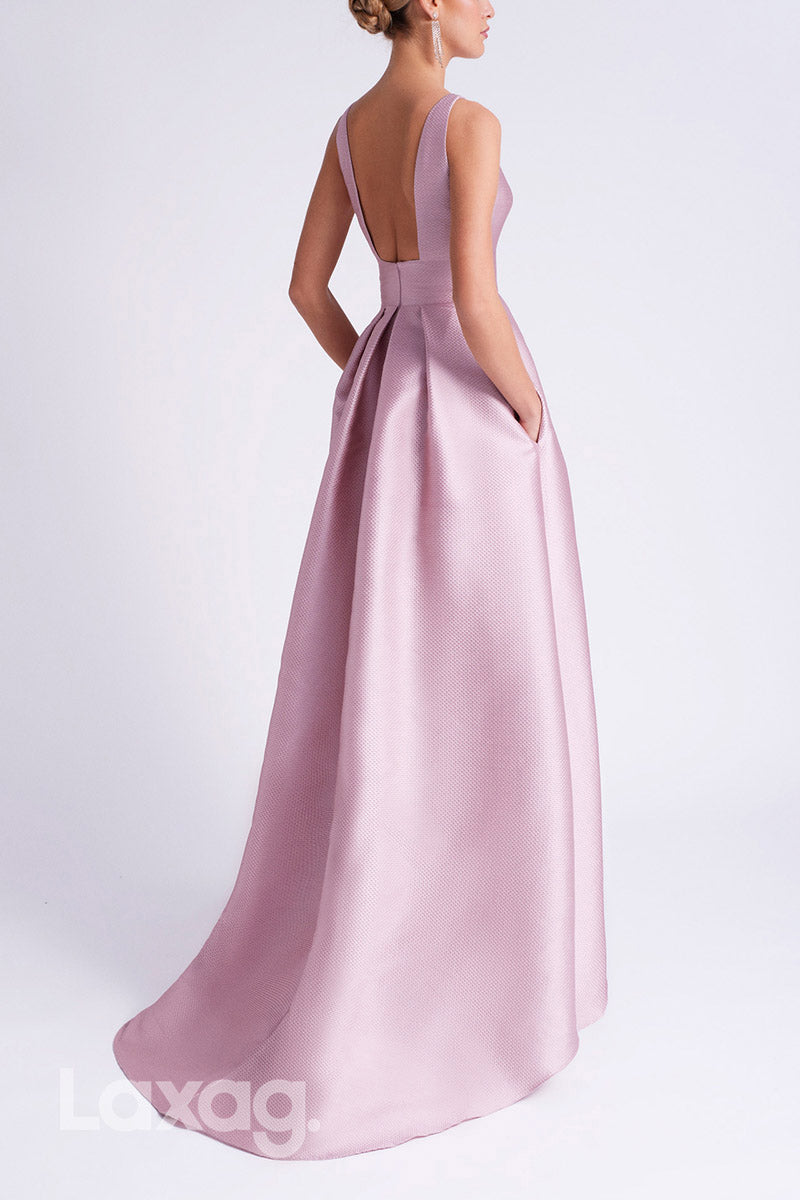 22878 - فستان سهرة رسمي مفتوح الظهر بتصميم A-line مستدير وطويل ومنخفض