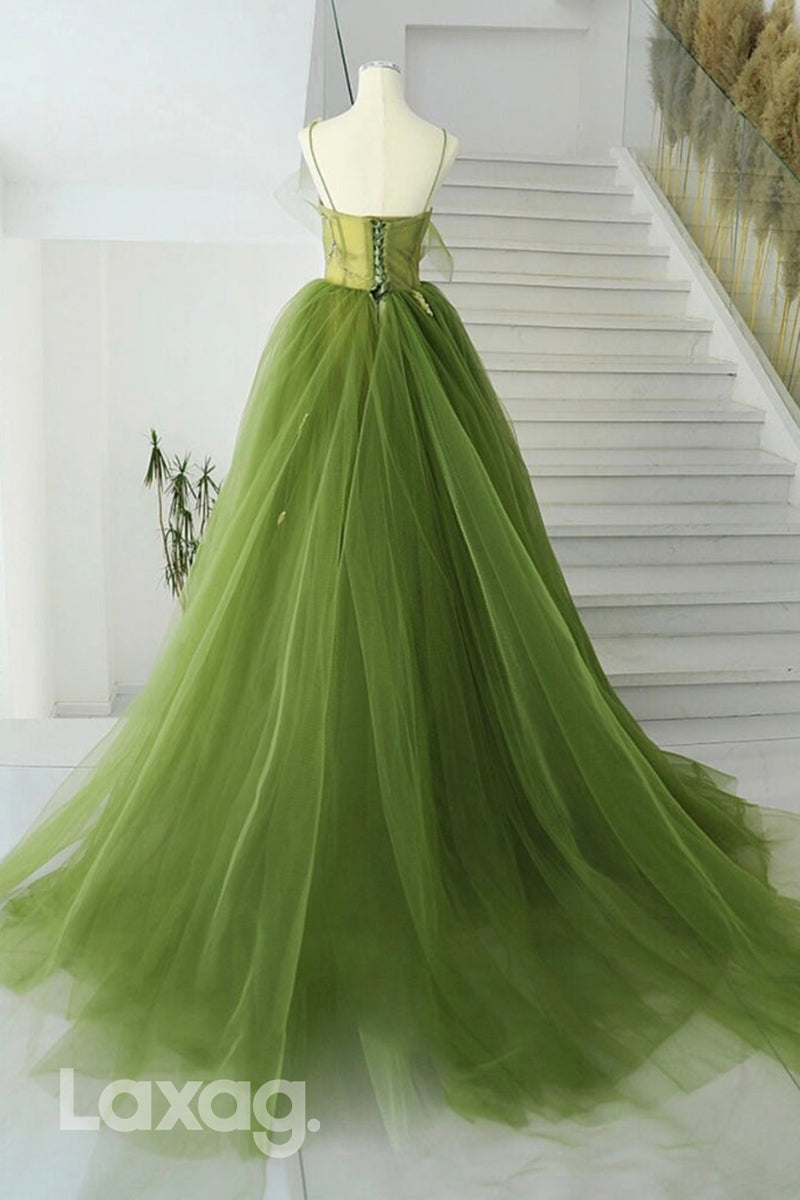 22455 - فستان سهرة رسمي من التول المزين بالخرز وحمالات رفيعة على شكل حرف A لحفلات التخرج