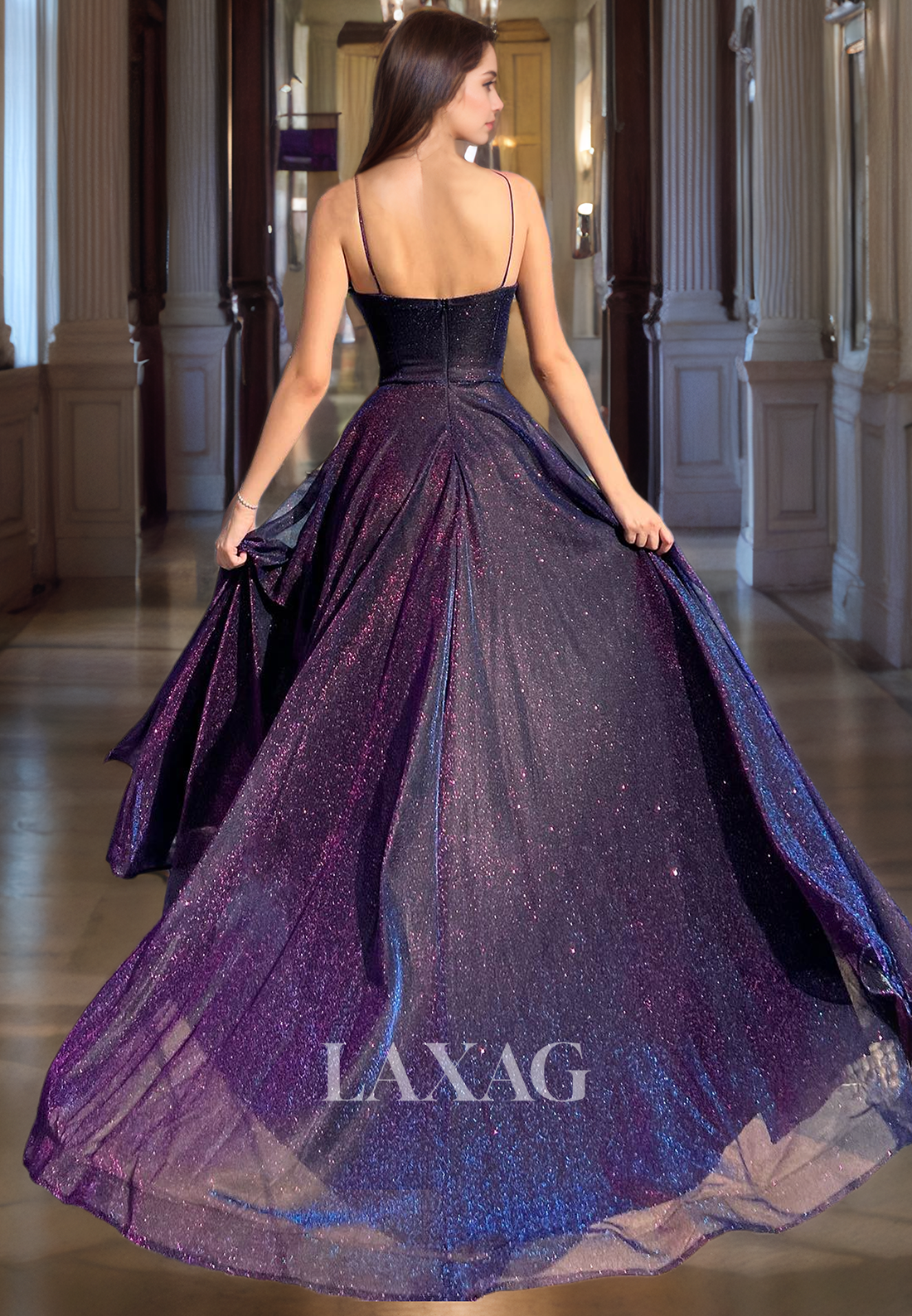 A-Line Spaghetti Straps Off-Shoulder Sleeveless Glitter Glitter Tulle Tulle Formal Prom Dress