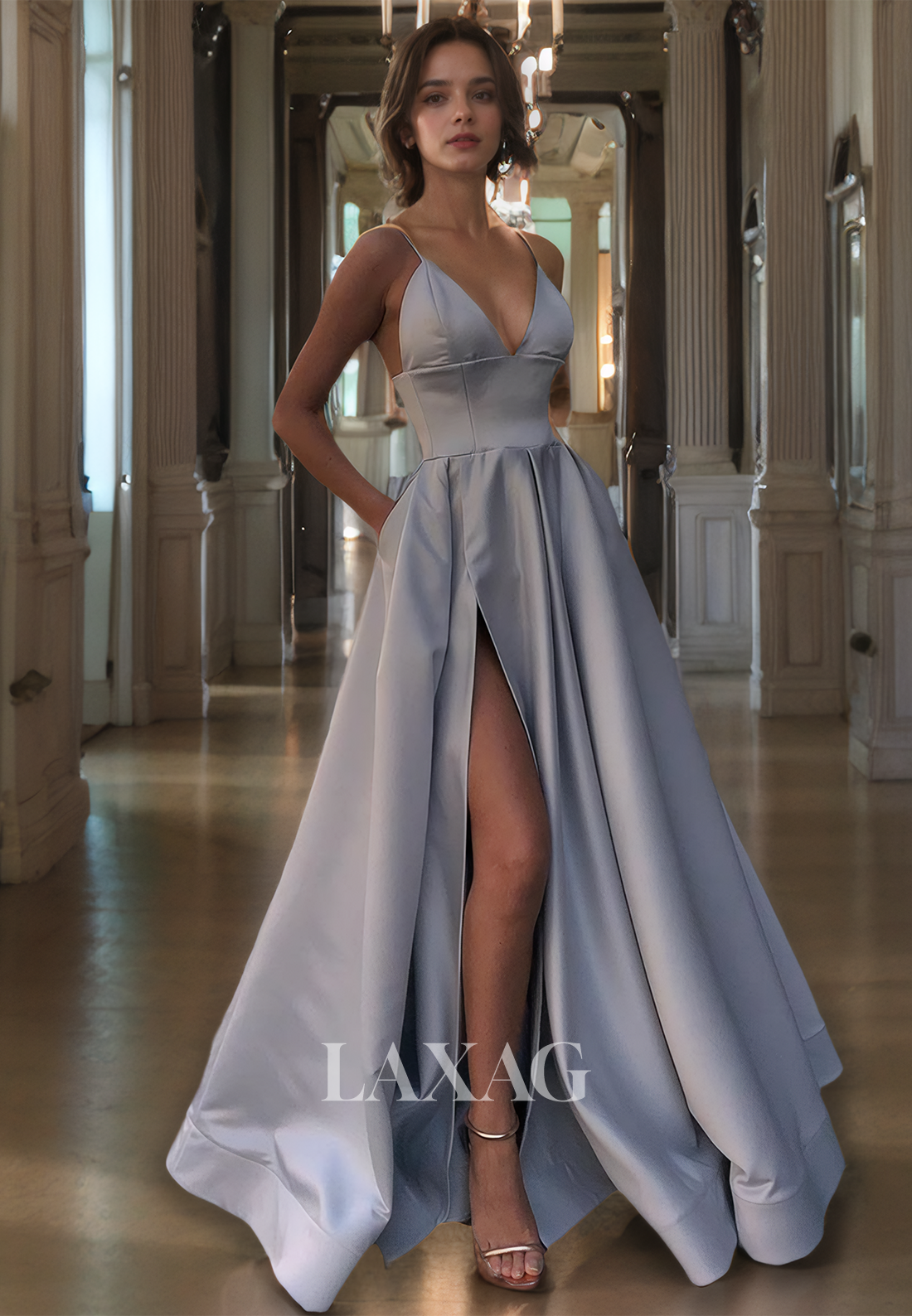 15712 - V-Neck Sleeveless High Leg Slit Satin Gown With Corset