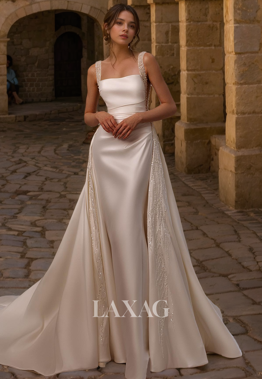 A Line Square Sleek Satin Elegant Wedding Dress with Train Laxag