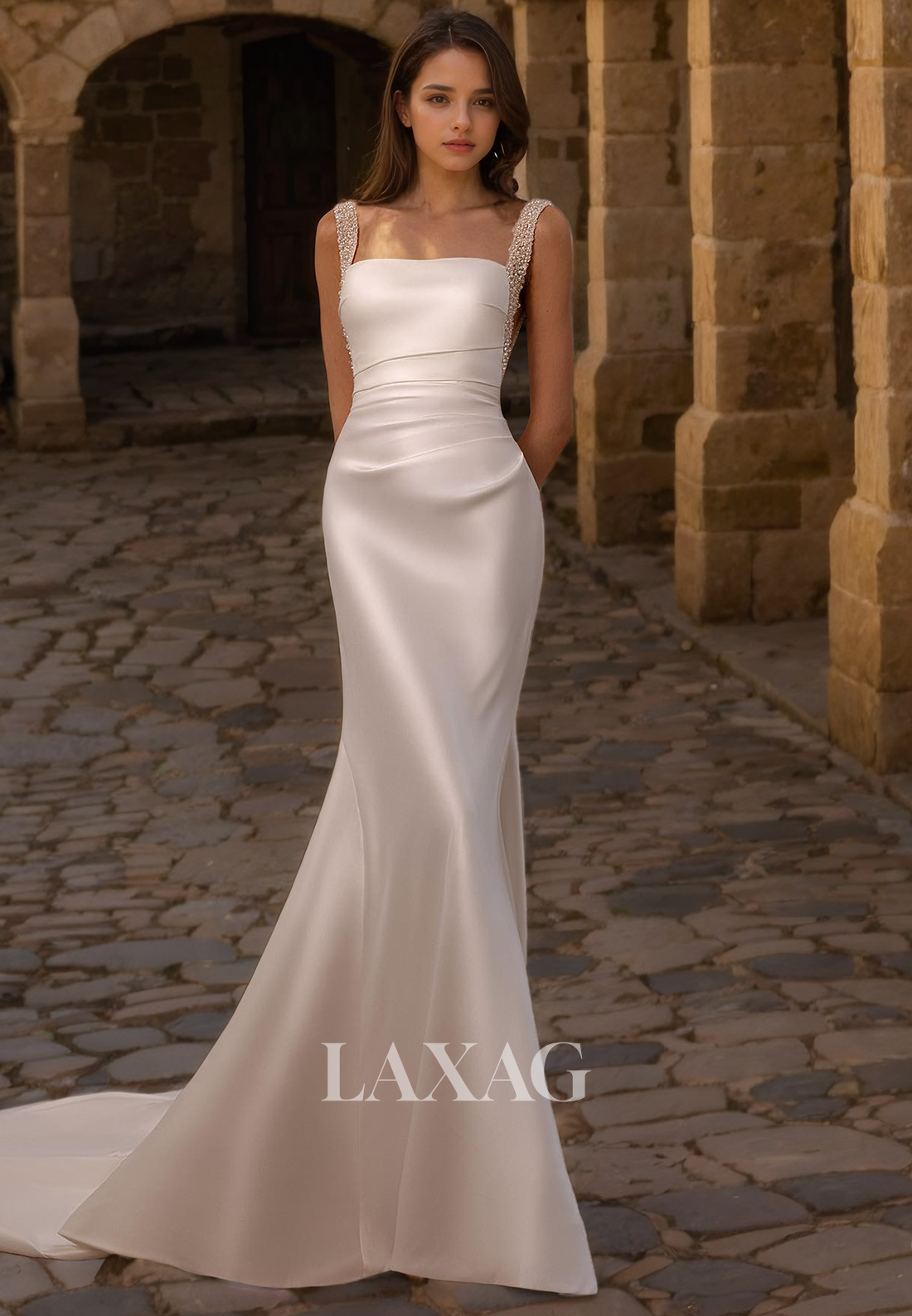 A-Line Square Sleek Satin Elegant Wedding Dress with Train
