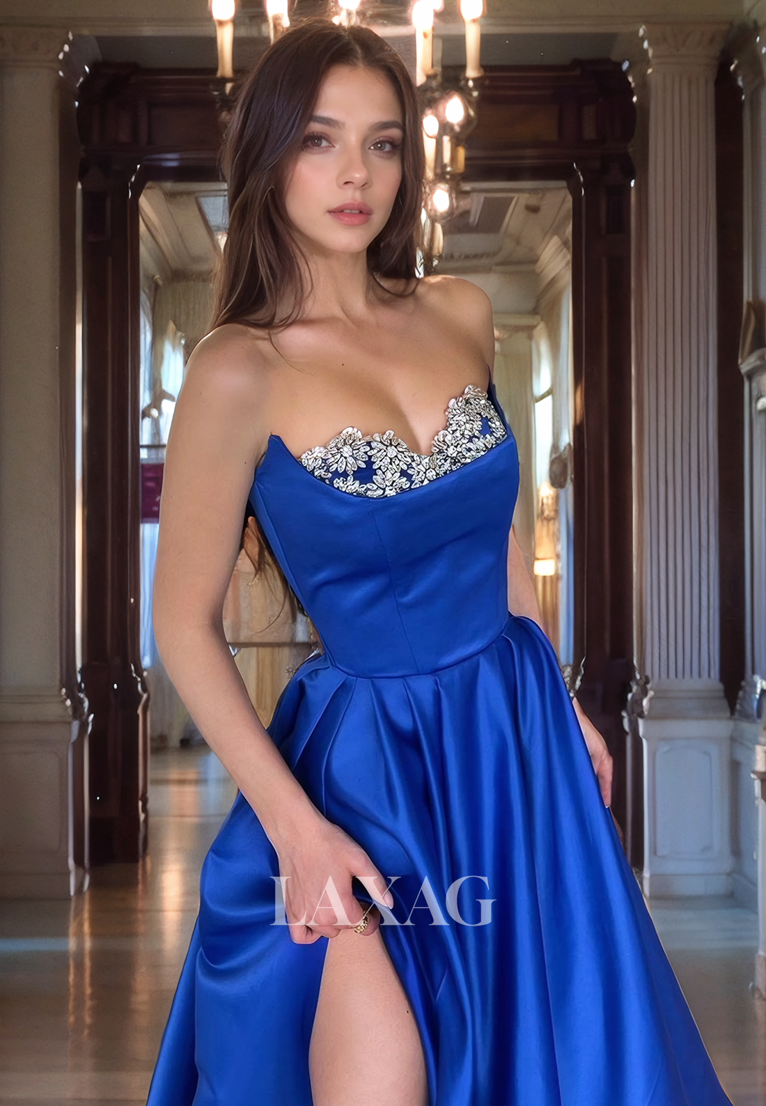 A-Line Strapless Beaded Sleek Satin Party Prom Formal Evening Dress with Slit