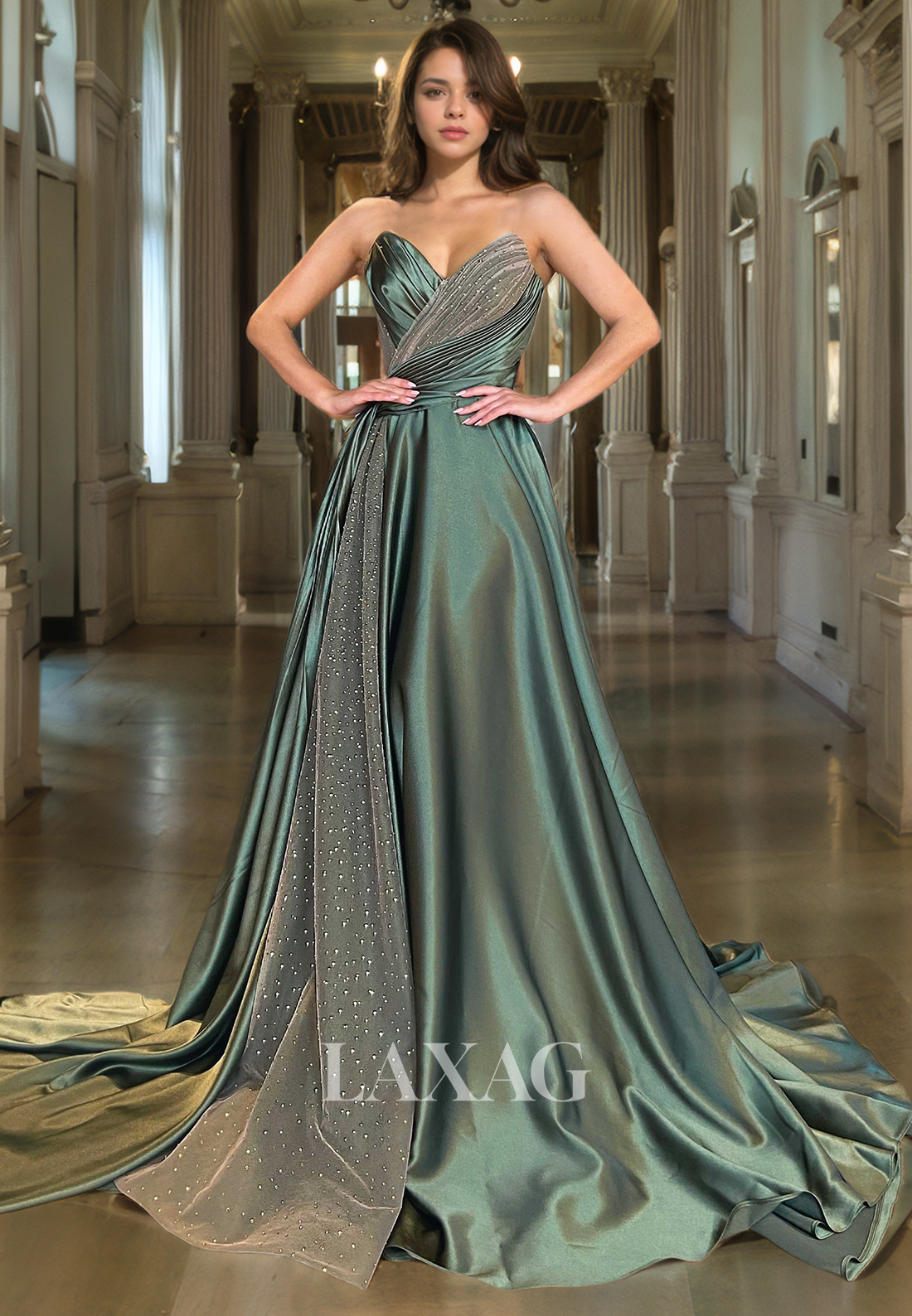 A-Line Strapless Beaded Tulle Sleek Pleated Satin Party Prom Formal Evening with Train