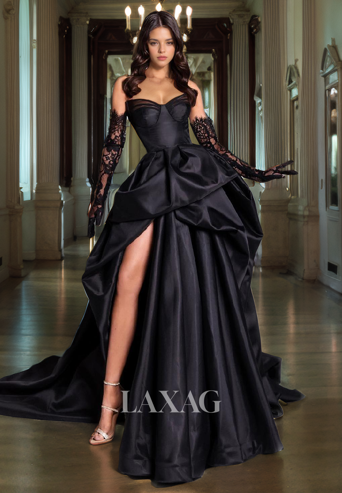 21793 Sweetheart Thigh Slit Sheath Black Satin Prom Dress With Lace Laxag