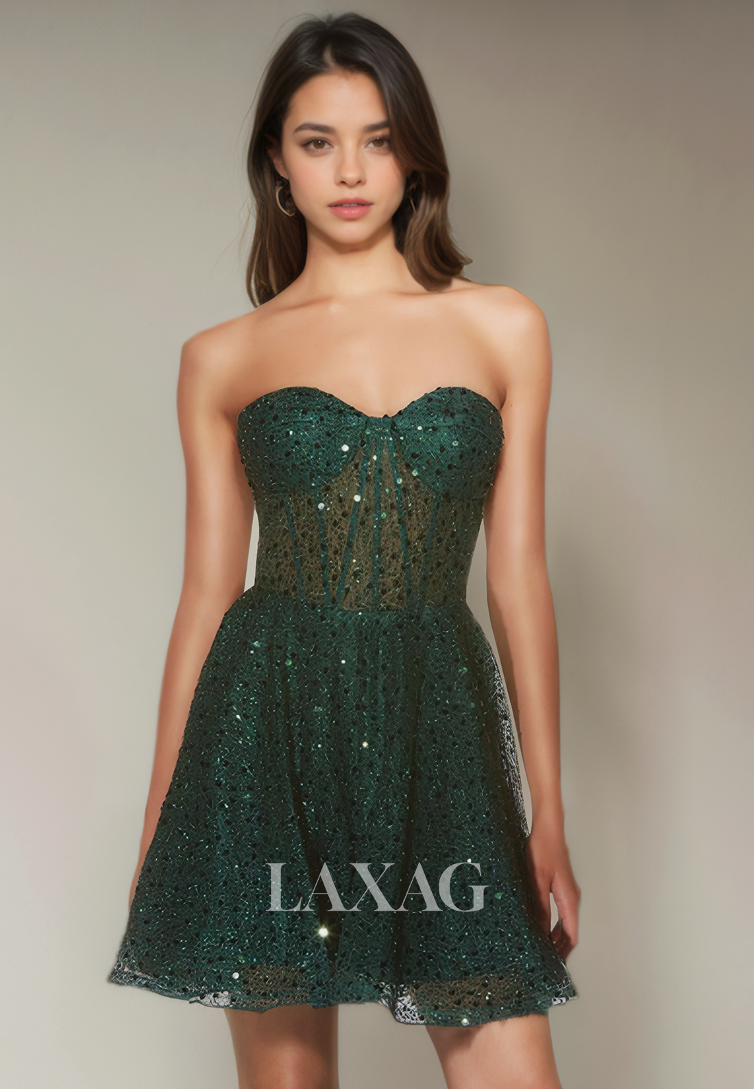 A-Line Strapless Tulle Sequins illusion Elegant Party Homecoming Dress   Laxag