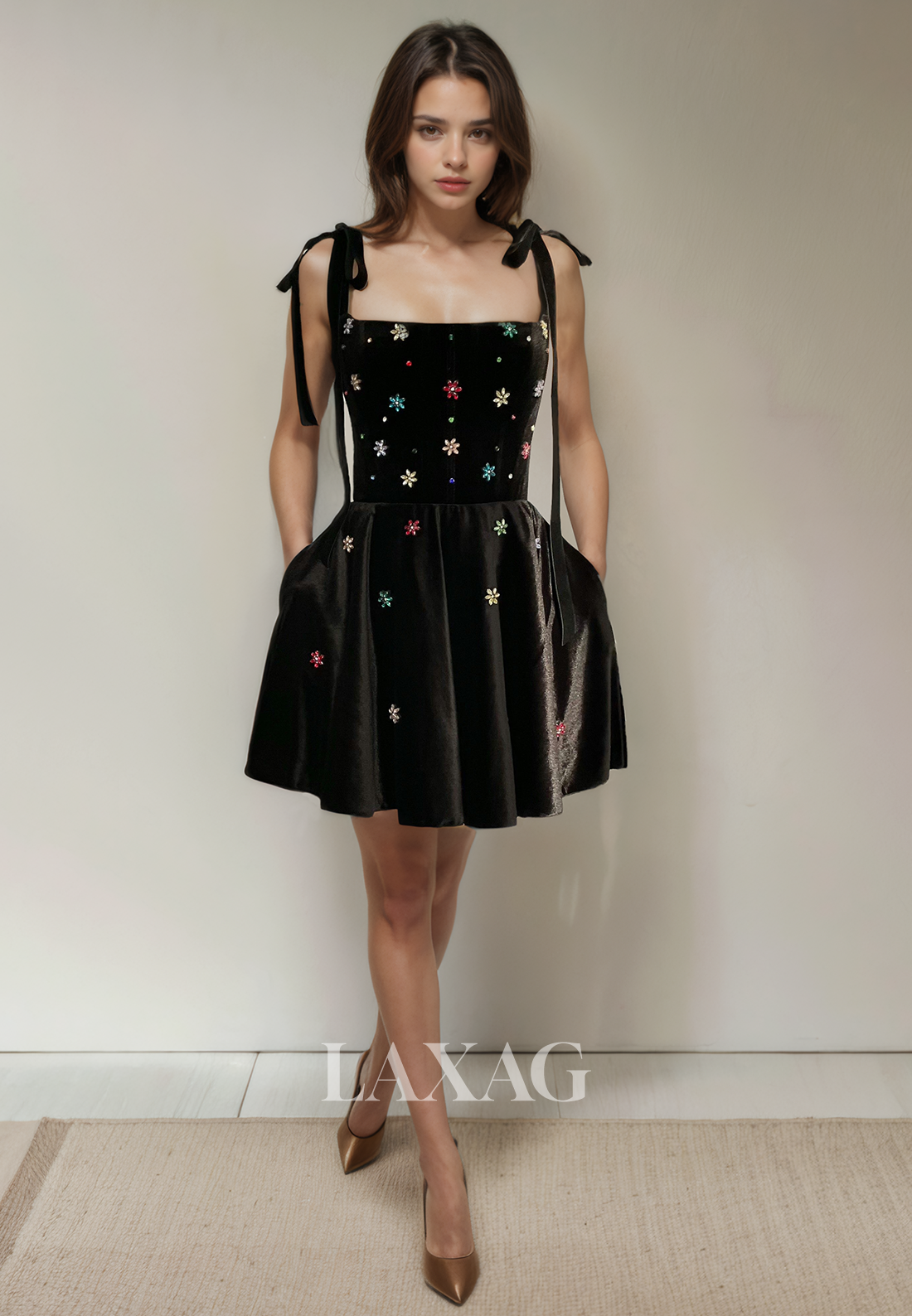 A-Line Straps Beaded Elegant Party Homecoming Dress with Bow Detail