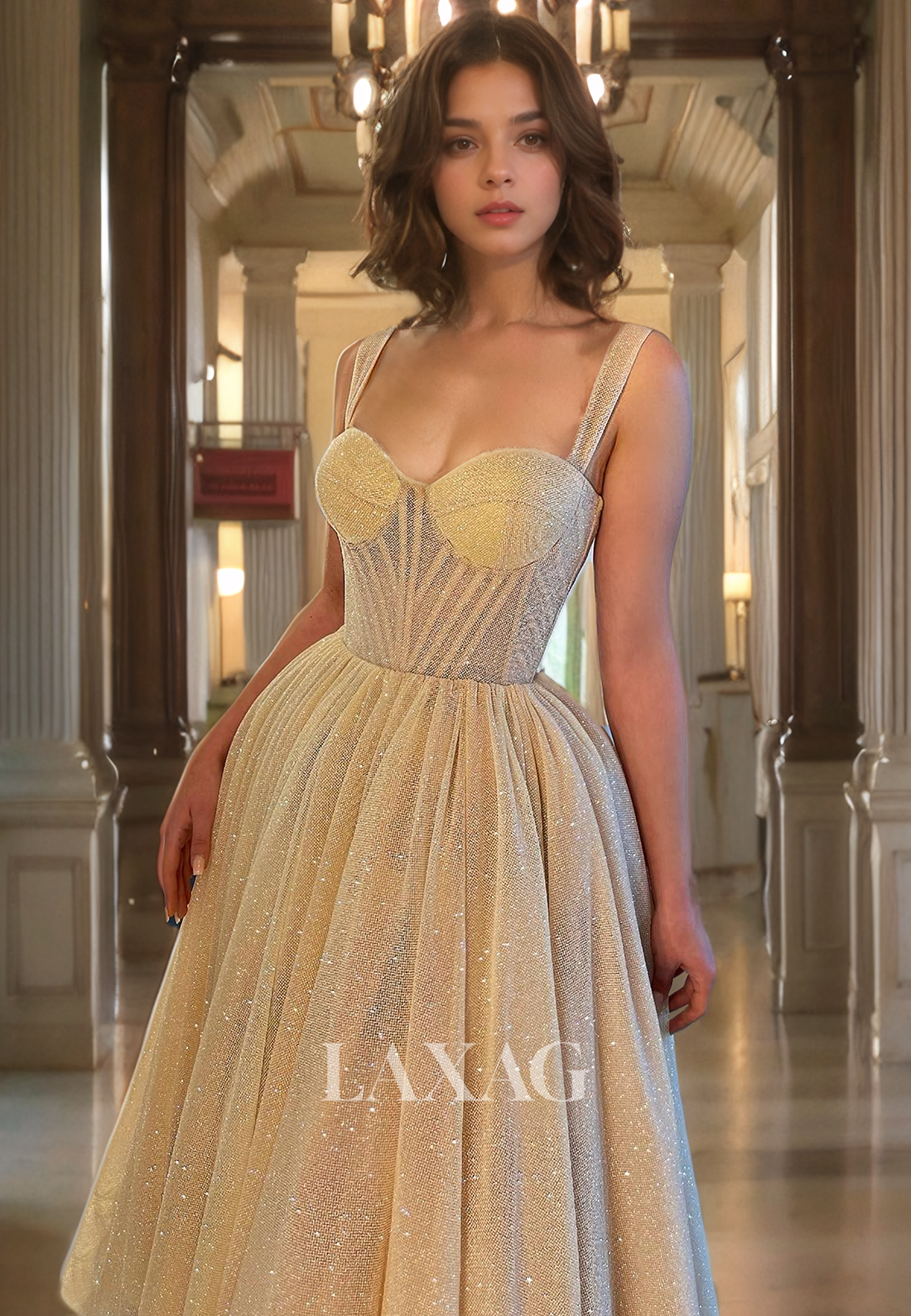 Sweetheart Straps Sleeveless Glitter-Knit A-Line Prom Dress Ankle-Length Pleated Evening Gowns