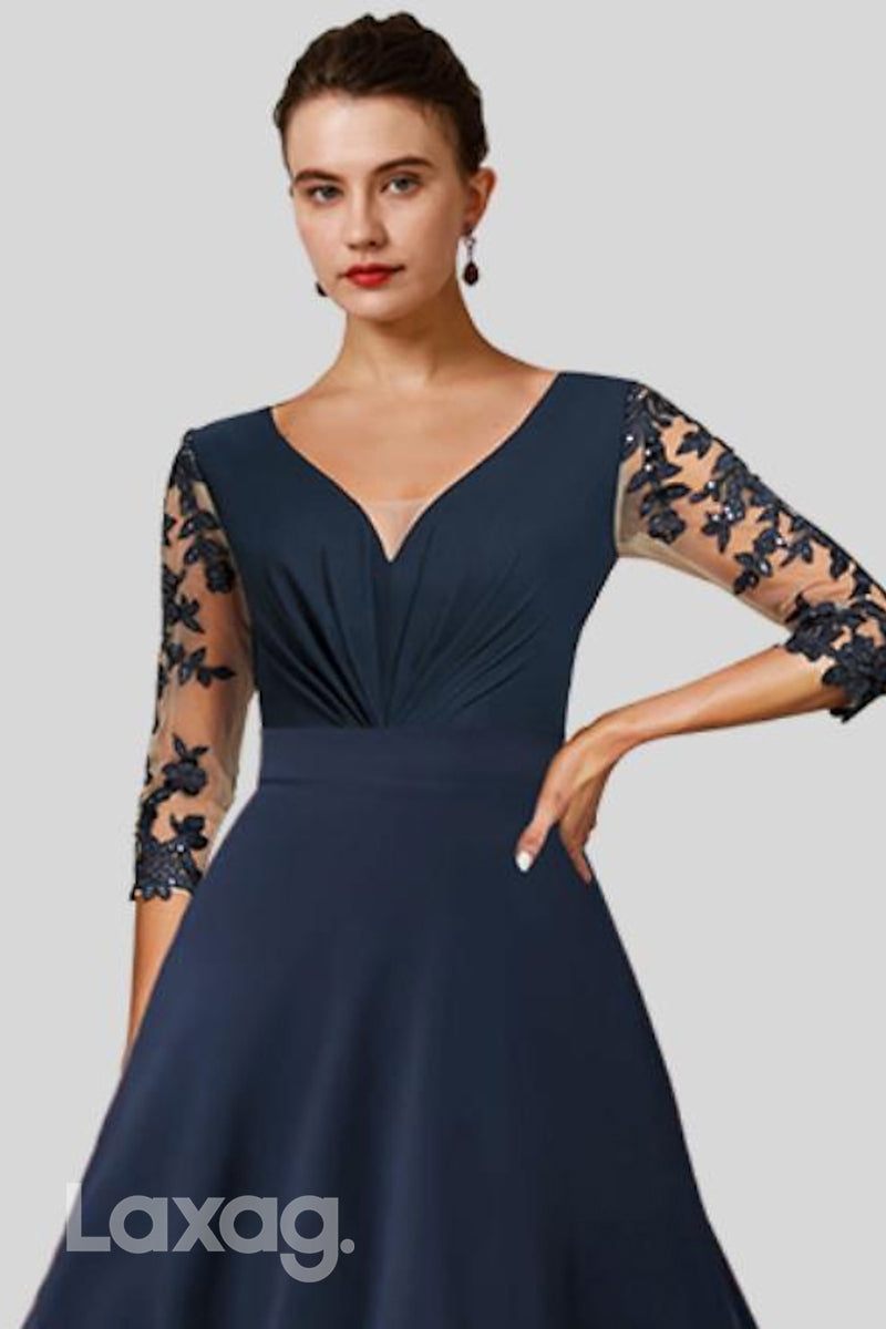 22519 - فستان أم العروس من الشيفون بأكمام نصفية وفتحة رقبة على شكل حرف V