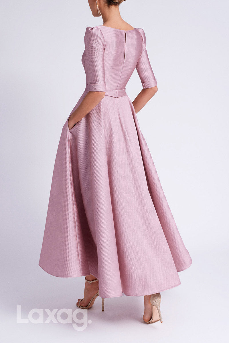 22879 - A-Line V-Neck Half Sleeves Sleek Satin Cocktail Party Formal Evening Dress
