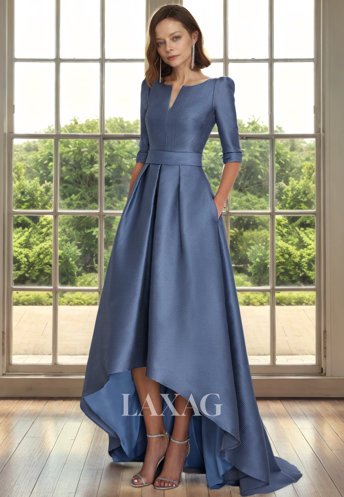 A-Line V-Neck Half Sleeves Sleek Satin Mother of the Bride Dress with Laxag A-Line V-Neck Half Sleeves Sleek Satin Mother of the Bride Dress with Laxag