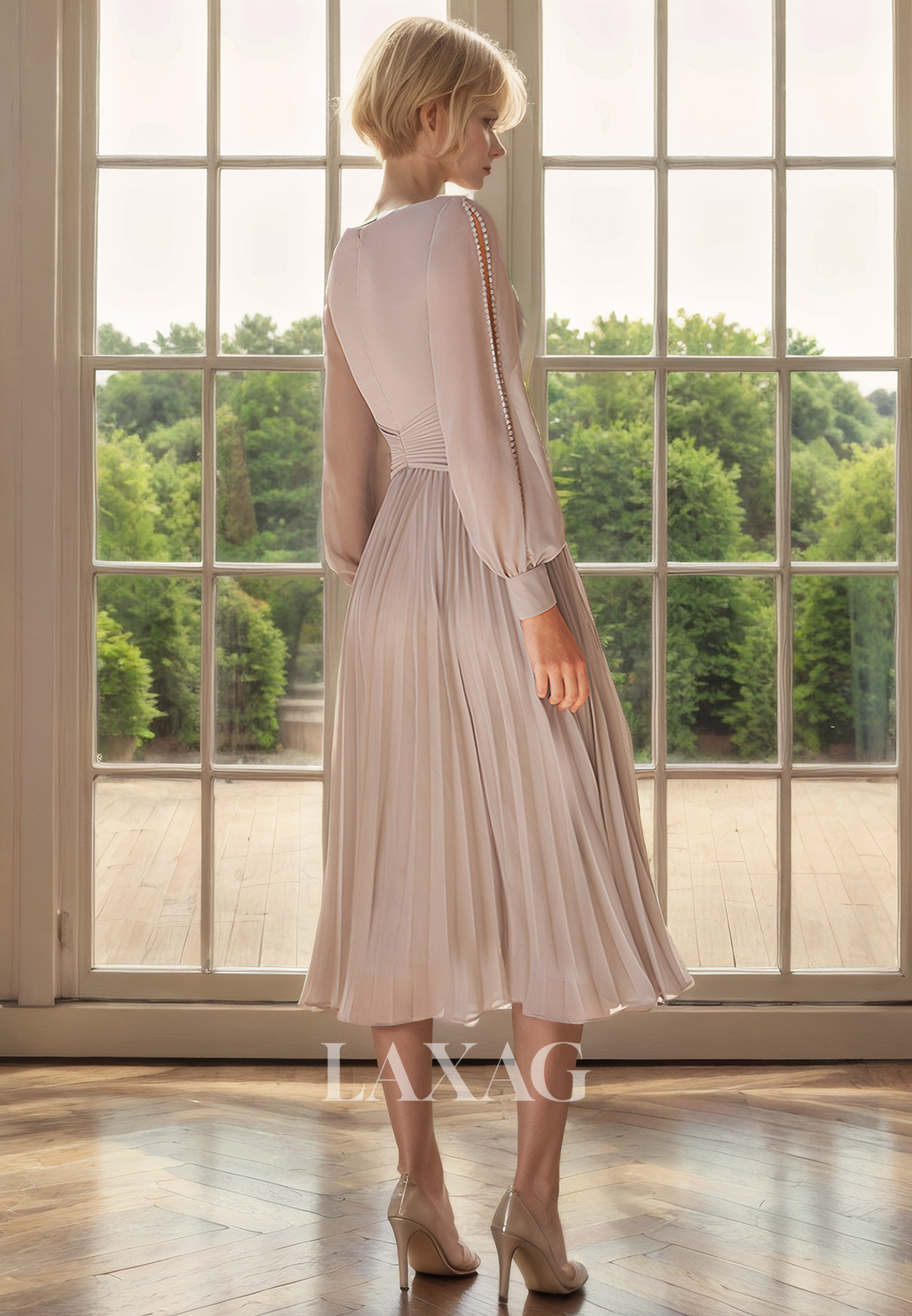 A-Line V-Neck Long Sleeves Beaded Chiffon Mother of the Bride Dress