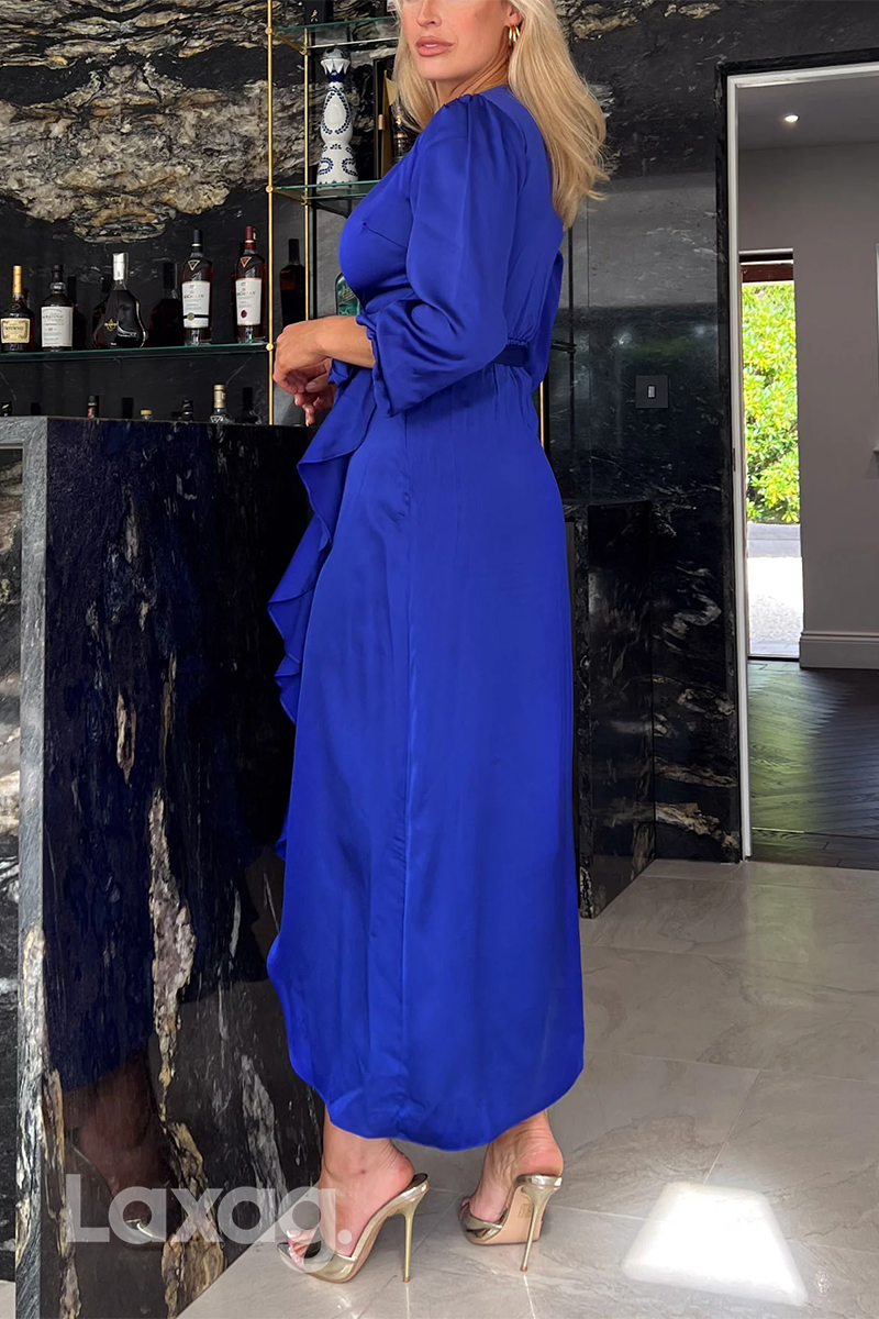 22672 - فستان أم العروس الأنيق من الساتان بفتحة رقبة على شكل حرف V وأكمام ربعية وحزام