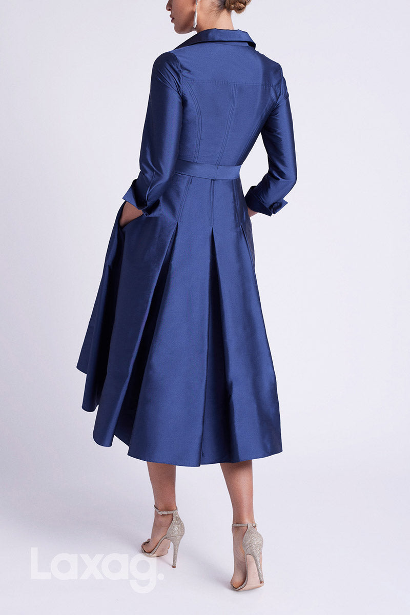 22881 - فستان سهرة رسمي أنيق من الساتان بفتحة رقبة على شكل حرف V وأكمام ربعية لحفلات الكوكتيل