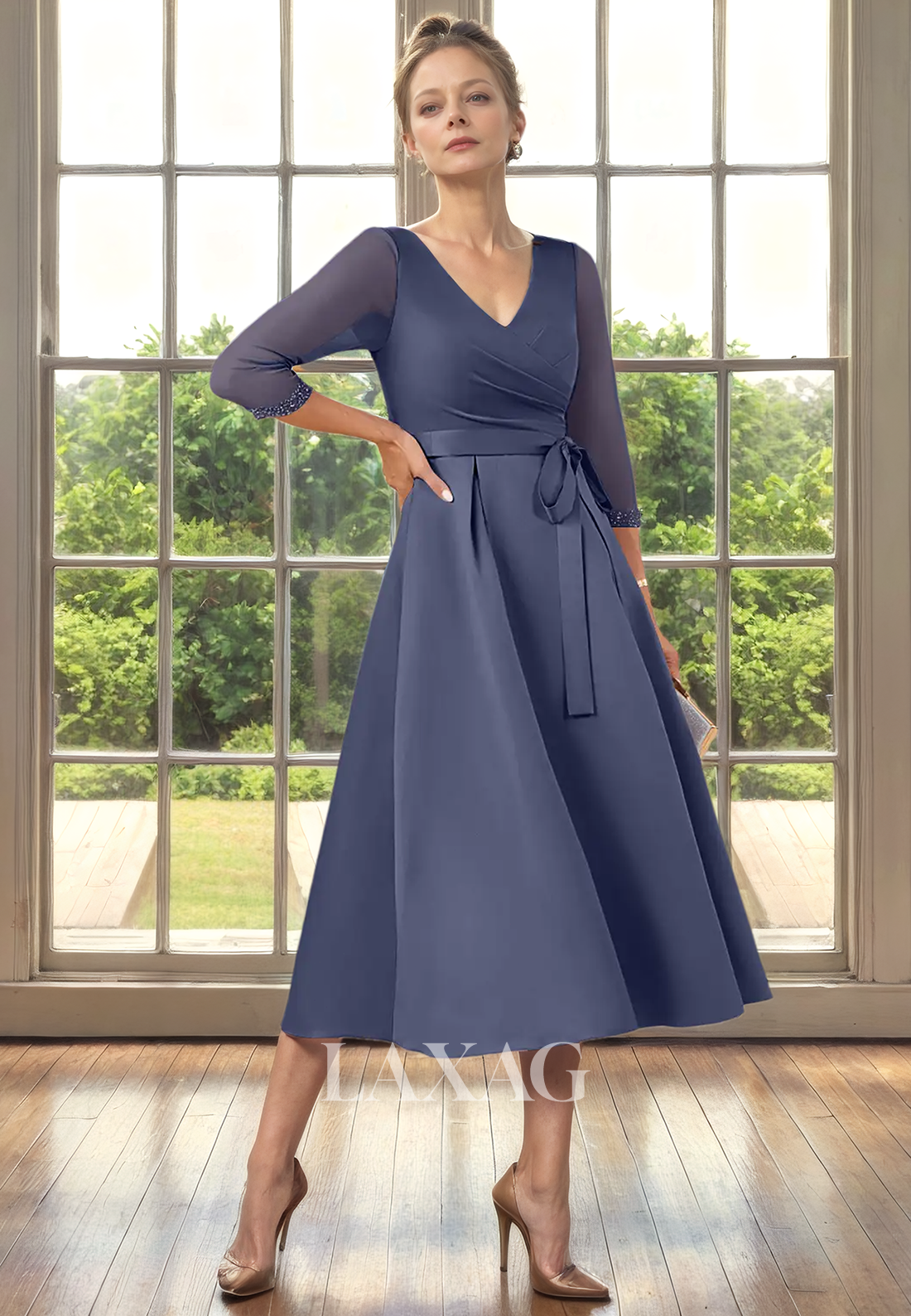 A-Line V-Neck Quarter Sleeves Sleek Satin Mother of the Bride Dress with Bow Detail