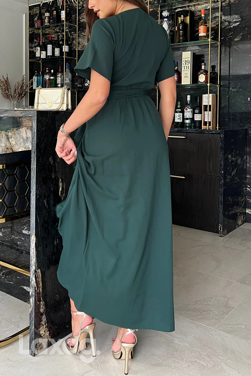 22670 - A-Line V-Neck Short Sleeves Belt Sleek Satin Mother of the Bride Dress